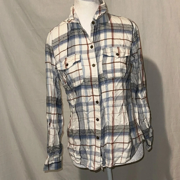 medium p blue mauve white plaid New Directions button down long sleeve shirt - Picture 1 of 4